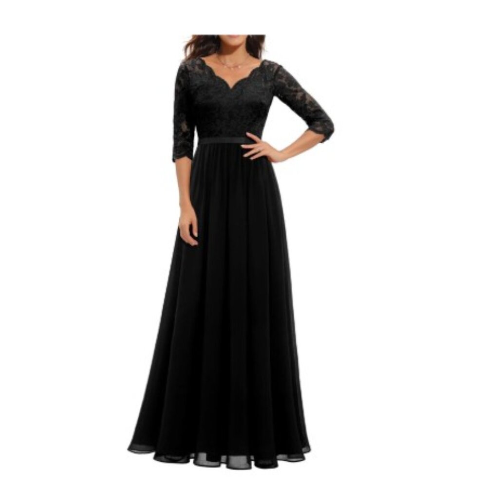FREE EARRINGS🎁with Lace V-Neck Dress Formal 2/3 Sleeve Gown